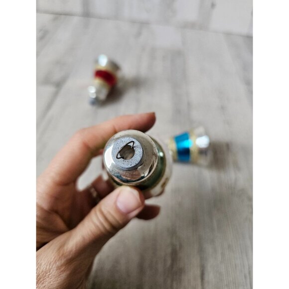 Vintage glitter mercury glass bell ornament gold striped green red blue set Xmas - Picture 10 of 15